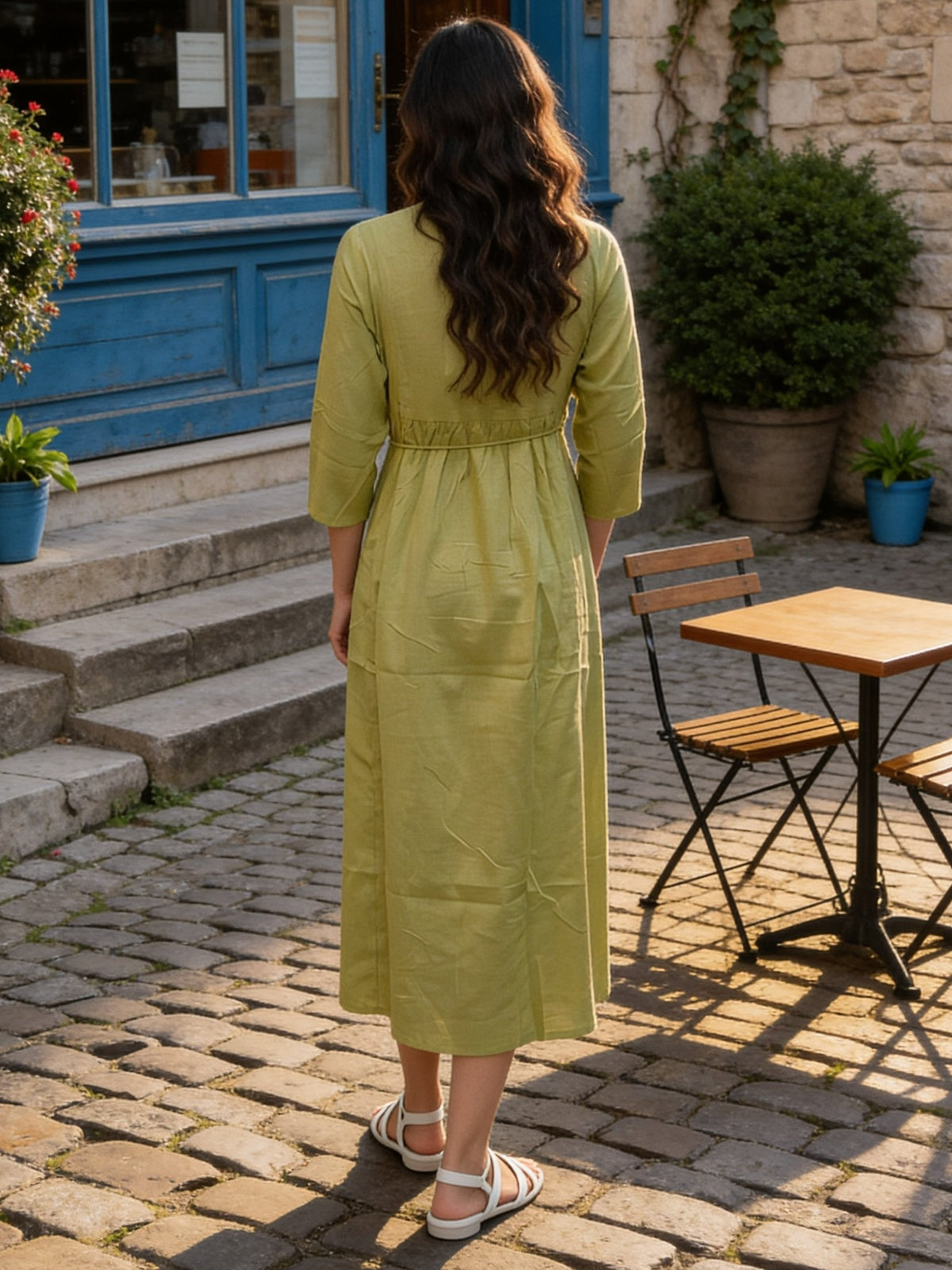 Buy Cotton Embroidered Flared Calf Length Dress-Green
