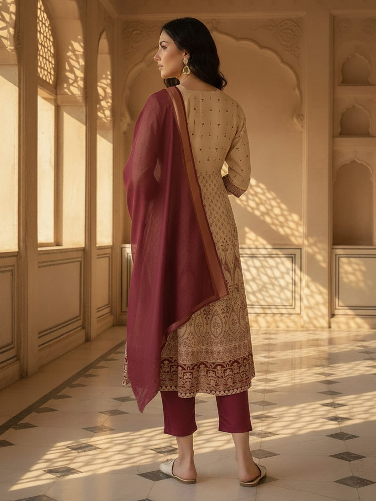 Buy Poly Viscose Embroidered Anarkali Calf Length Salwar Suit-Beige