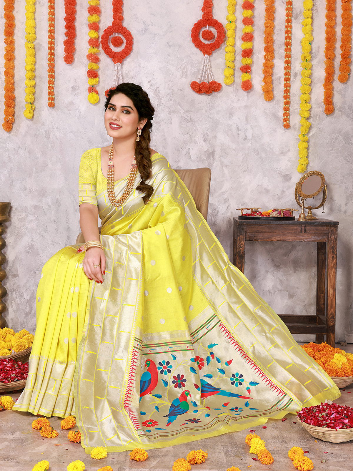 Buy Ethnic Motifs Woven Silk Saree With Blouse Piece-Yellow