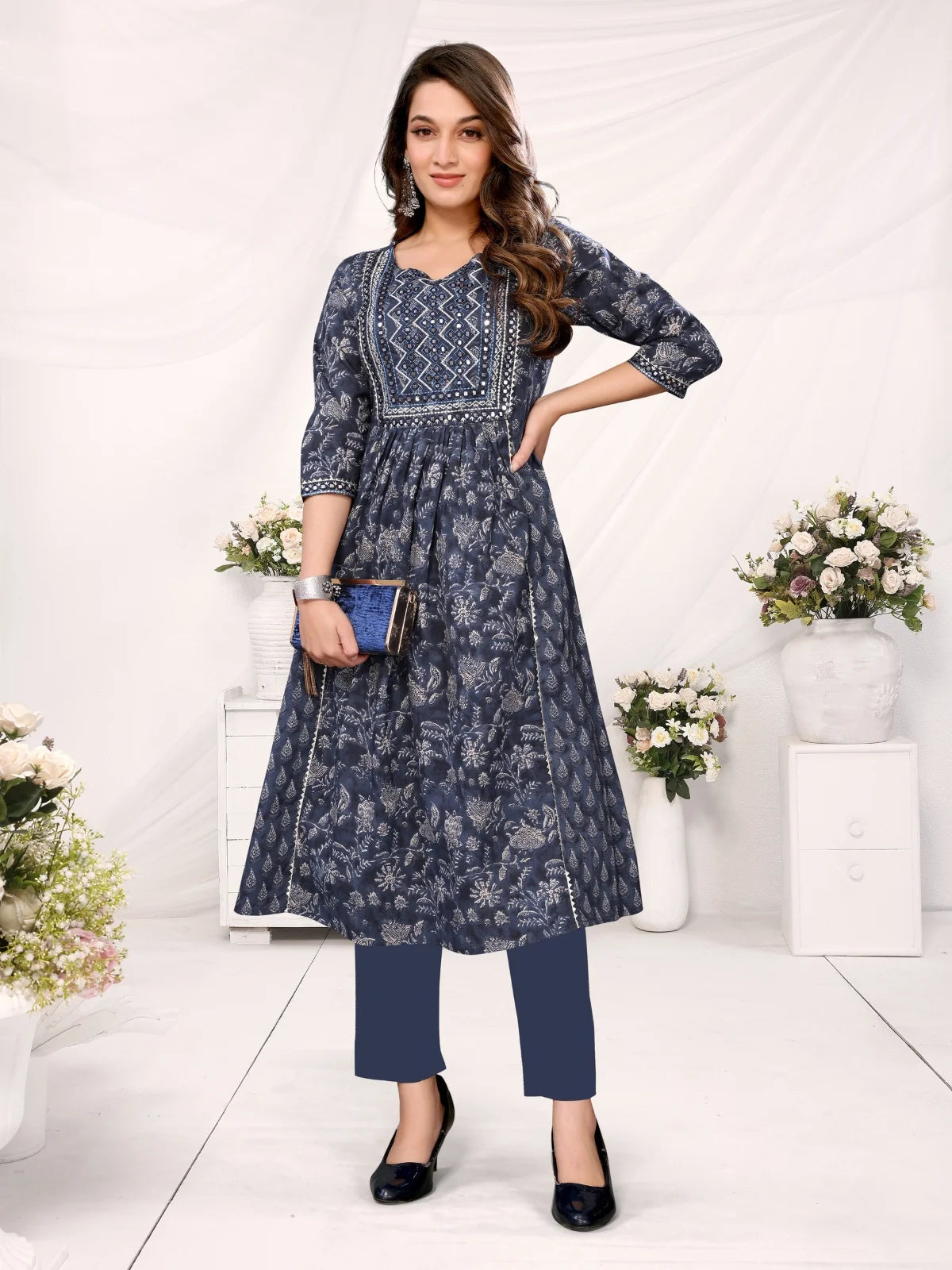 Buy Cotton Embroidered Calf Length Flared Kurta-Navy Blue