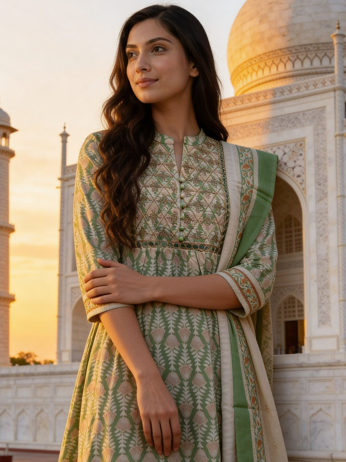Buy Cotton Embroidered Anarkali Calf Length Kurta With Pant and Dupatta-Green