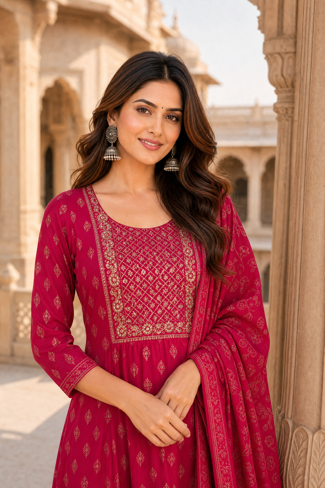 Buy Poly Viscose Embroidered Anarkali Calf Length Kurta With Pant and Dupatta-Fuchsia