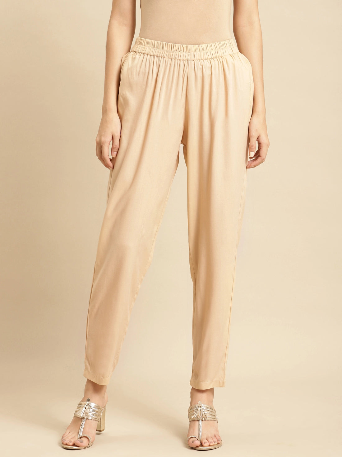 Buy Rayon Solid Ankle Length Straight Pant-Beige