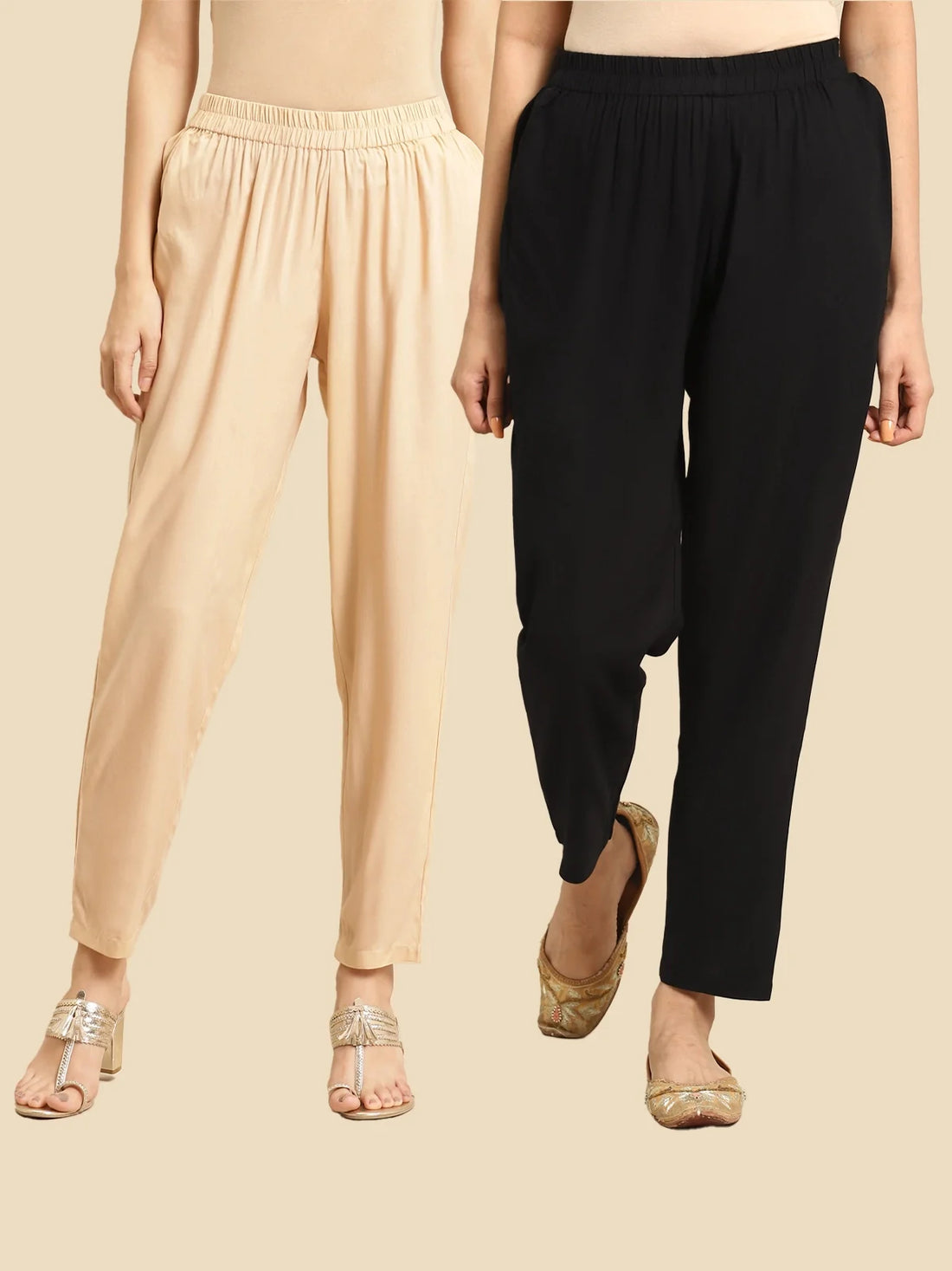 Buy Rayon Solid Ankle Length Straight Pants (Pack of 2)-Beige & Black