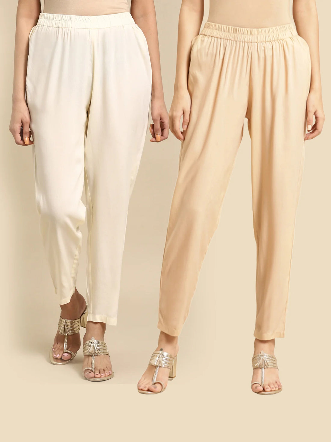 Buy Rayon Solid Ankle Length Straight Pants (Pack of 2)-Beige & White