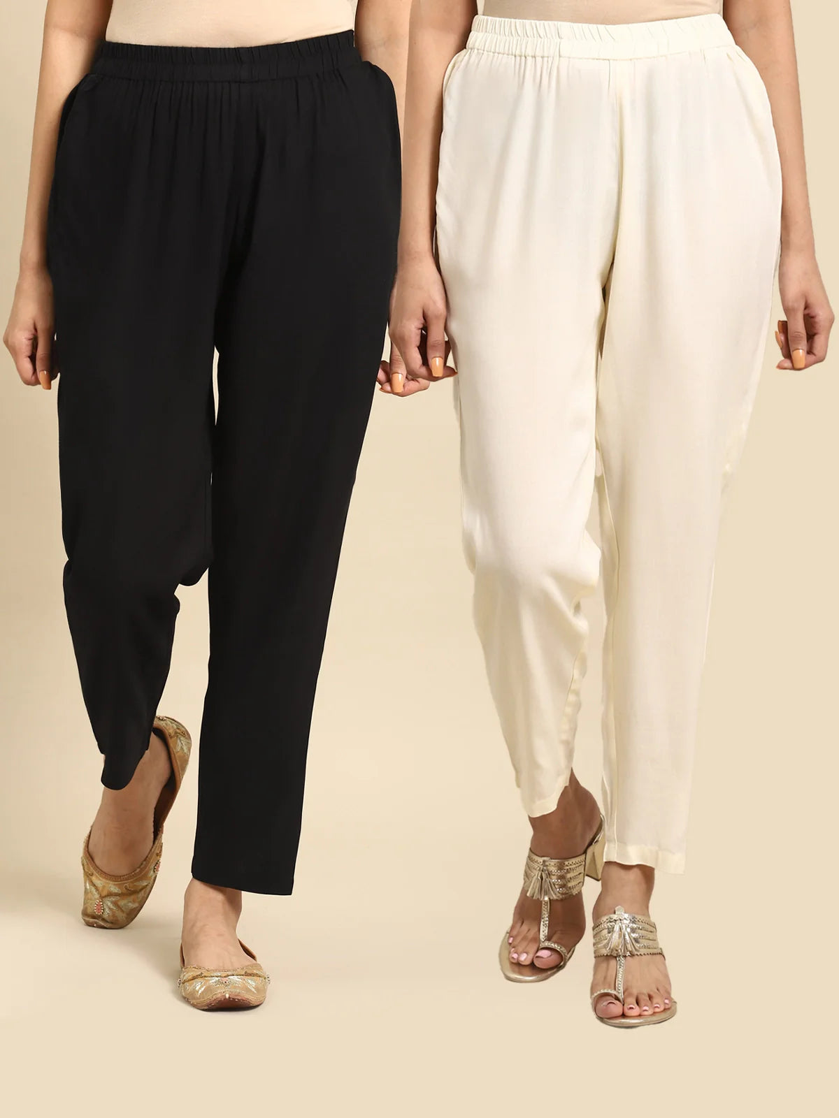 Buy Rayon Solid Ankle Length Straight Pants (Pack of 2)-Black & White