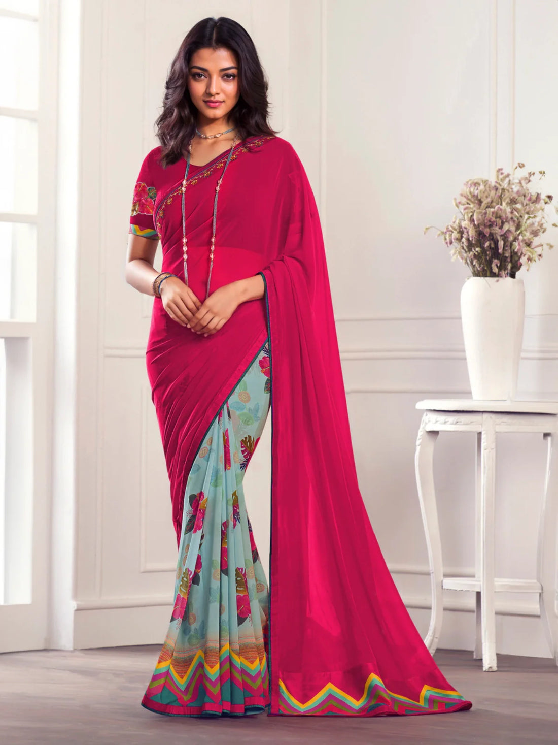 Buy Georgette Half & Half Printed Saree With Lace Border & Blouse Piece-Pink