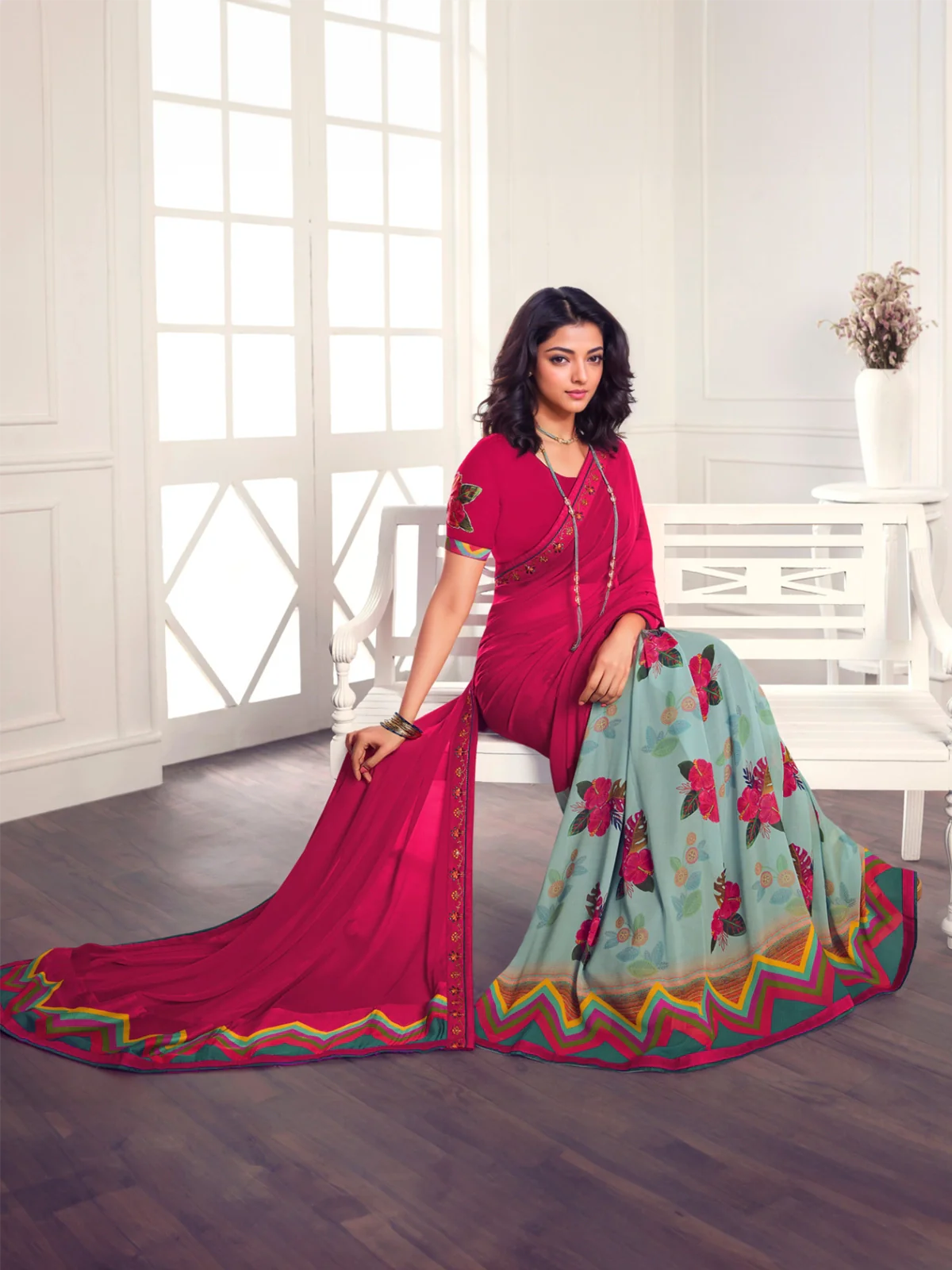 Buy Georgette Half & Half Printed Saree With Lace Border & Blouse Piece-Pink