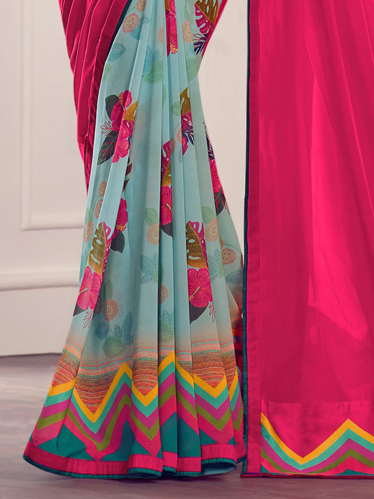 Buy Georgette Half & Half Printed Saree With Lace Border & Blouse Piece-Pink