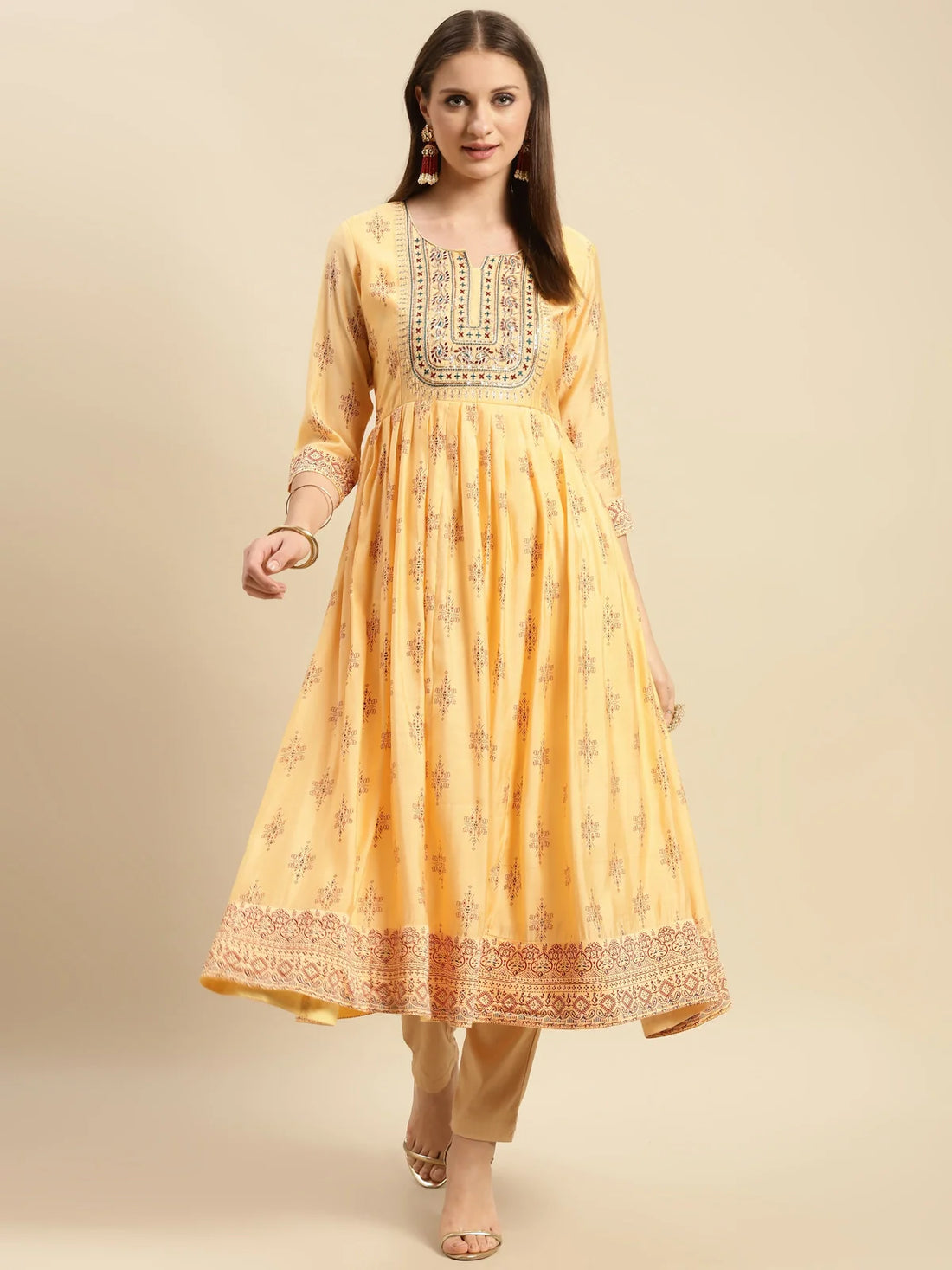 Buy Yoke Embroidered Ethnic Print Calf Length Flared Kurta-Yellow