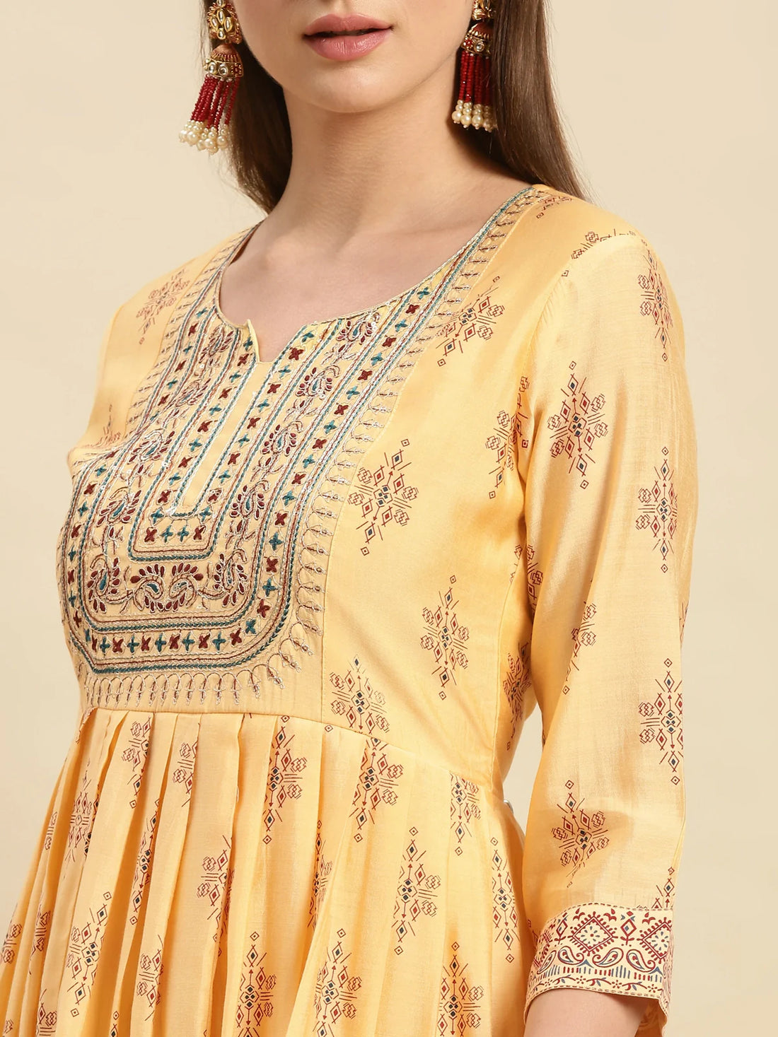 Buy Yoke Embroidered Ethnic Print Calf Length Flared Kurta-Yellow