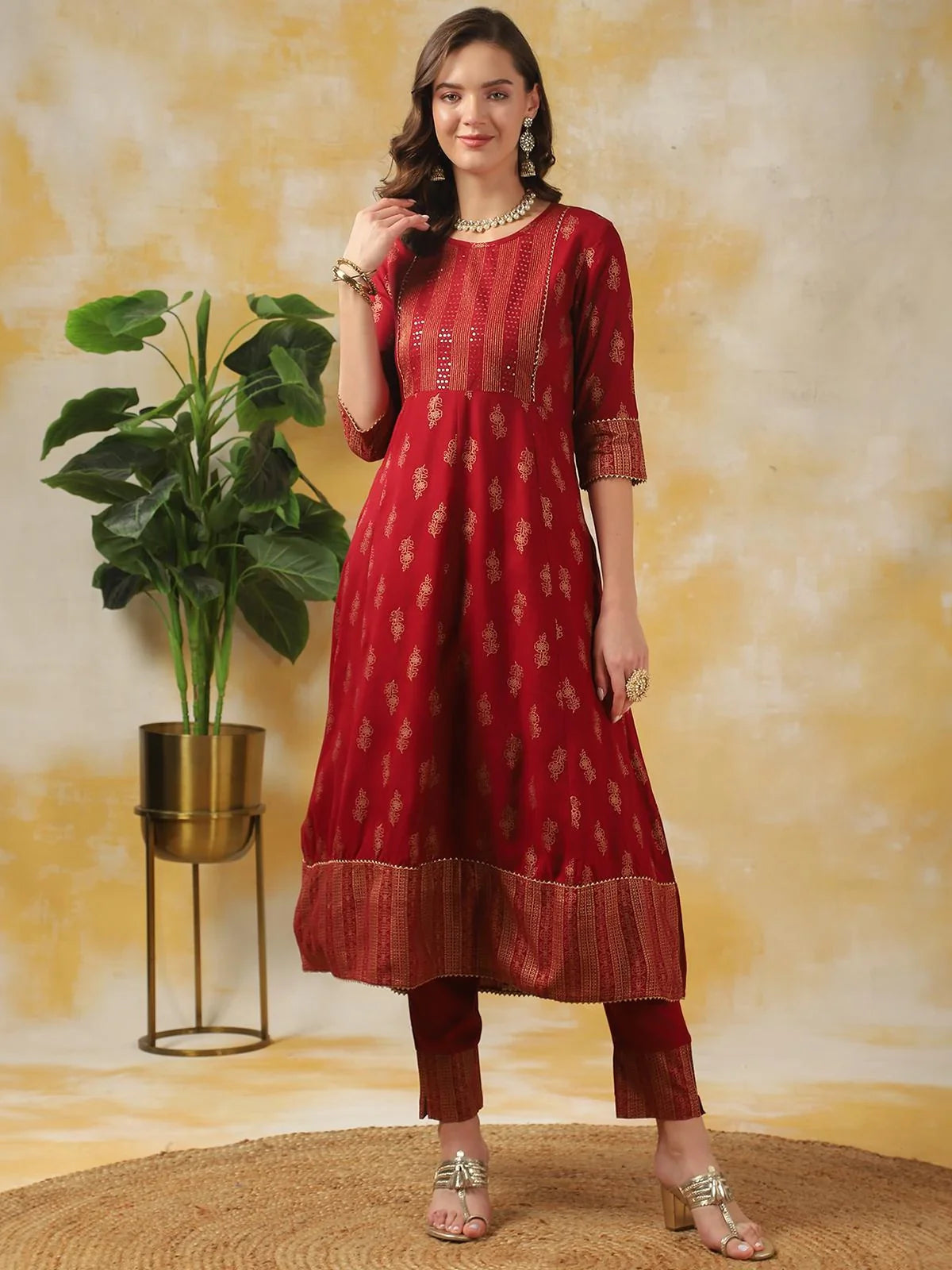 Buy Rayon Floral Embroidered Calf Length Anarkali Kurta With Pant-Maroon