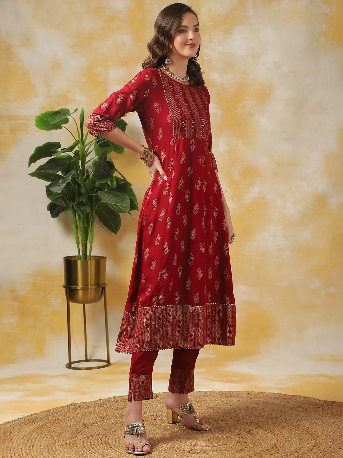 Buy Rayon Floral Embroidered Calf Length Anarkali Kurta With Pant-Maroon