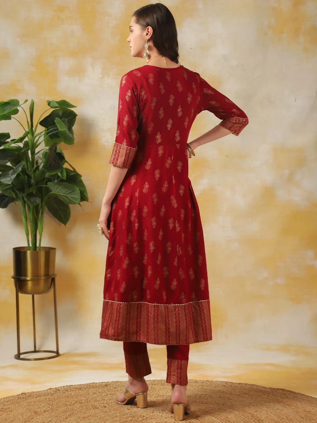 Buy Rayon Floral Embroidered Calf Length Anarkali Kurta With Pant-Maroon