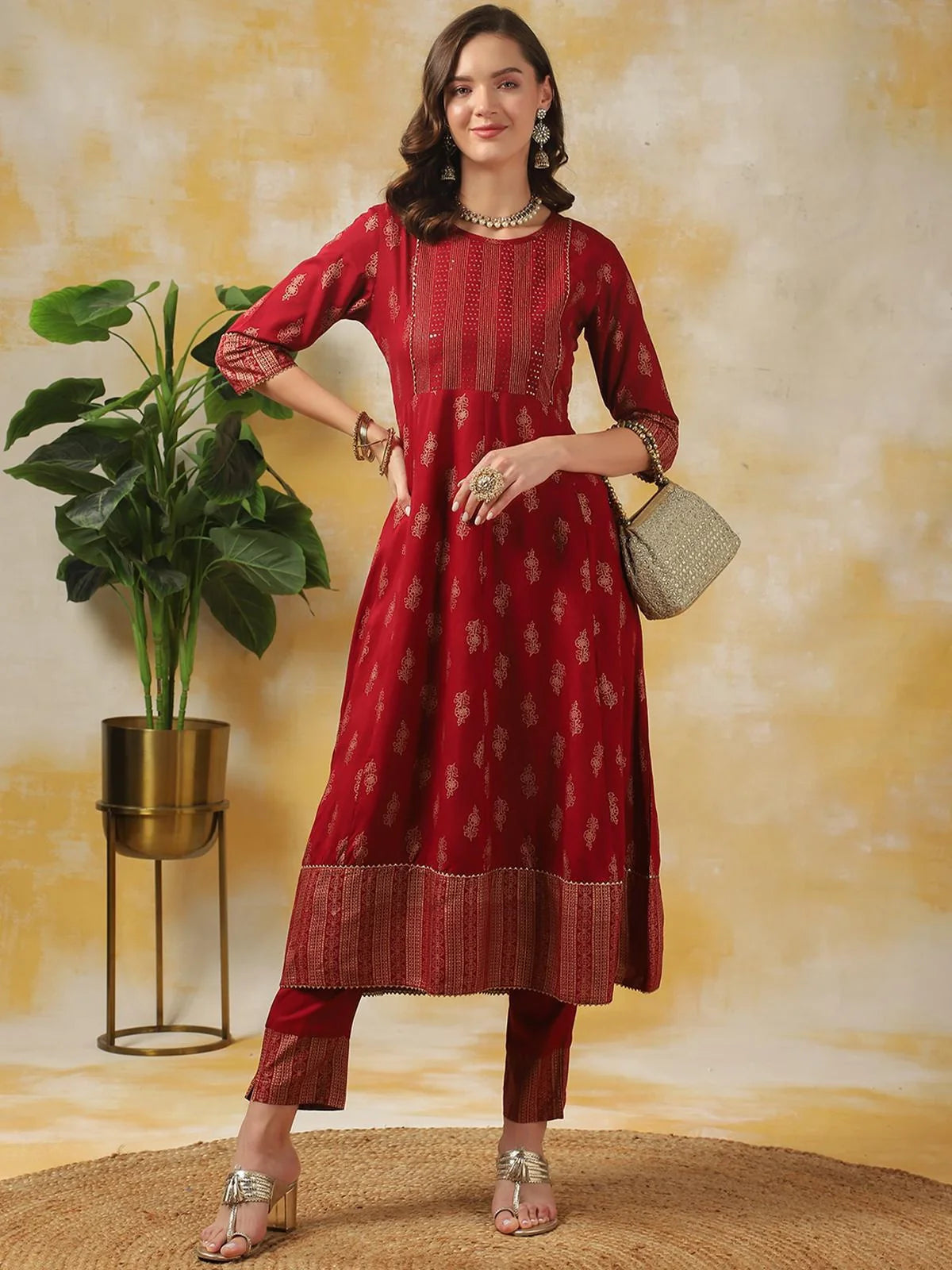 Buy Rayon Floral Embroidered Calf Length Anarkali Kurta With Pant-Maroon