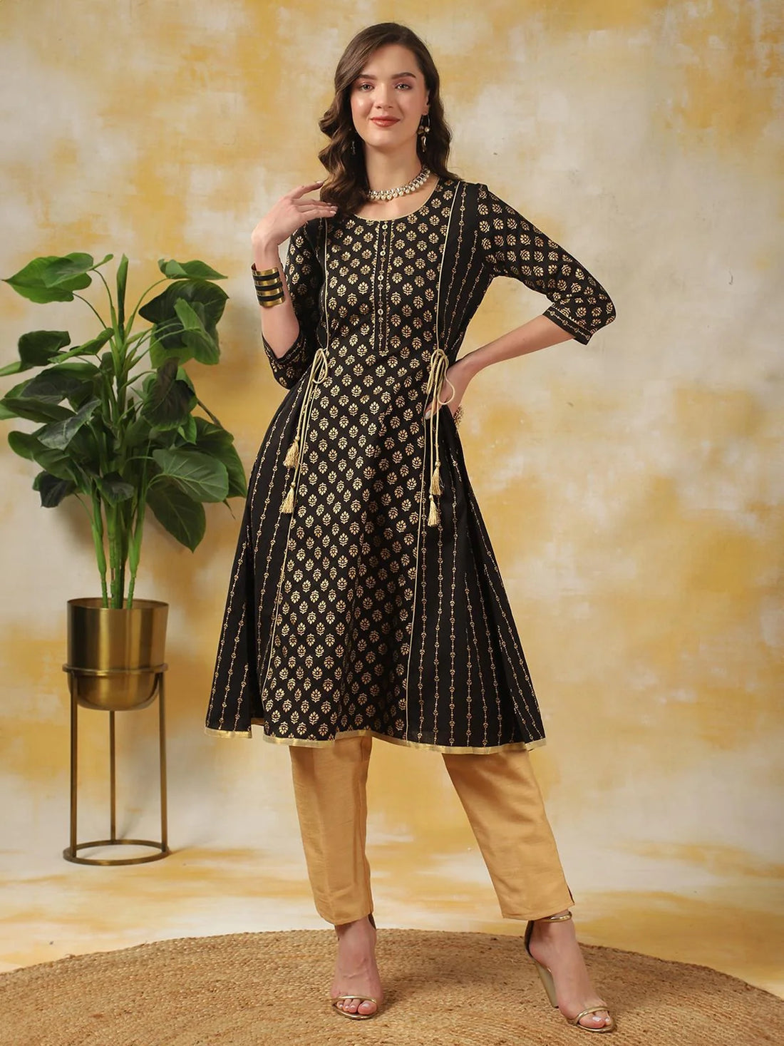 Buy Rayon Ethnic Printed Calf Length A-line Kurta-Black