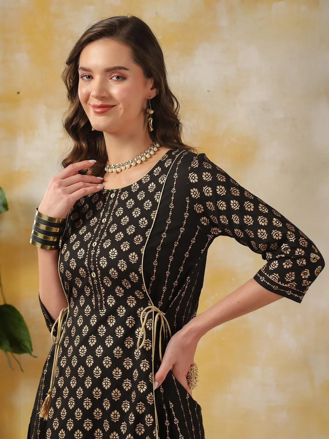 Buy Rayon Ethnic Printed Calf Length A-line Kurta-Black