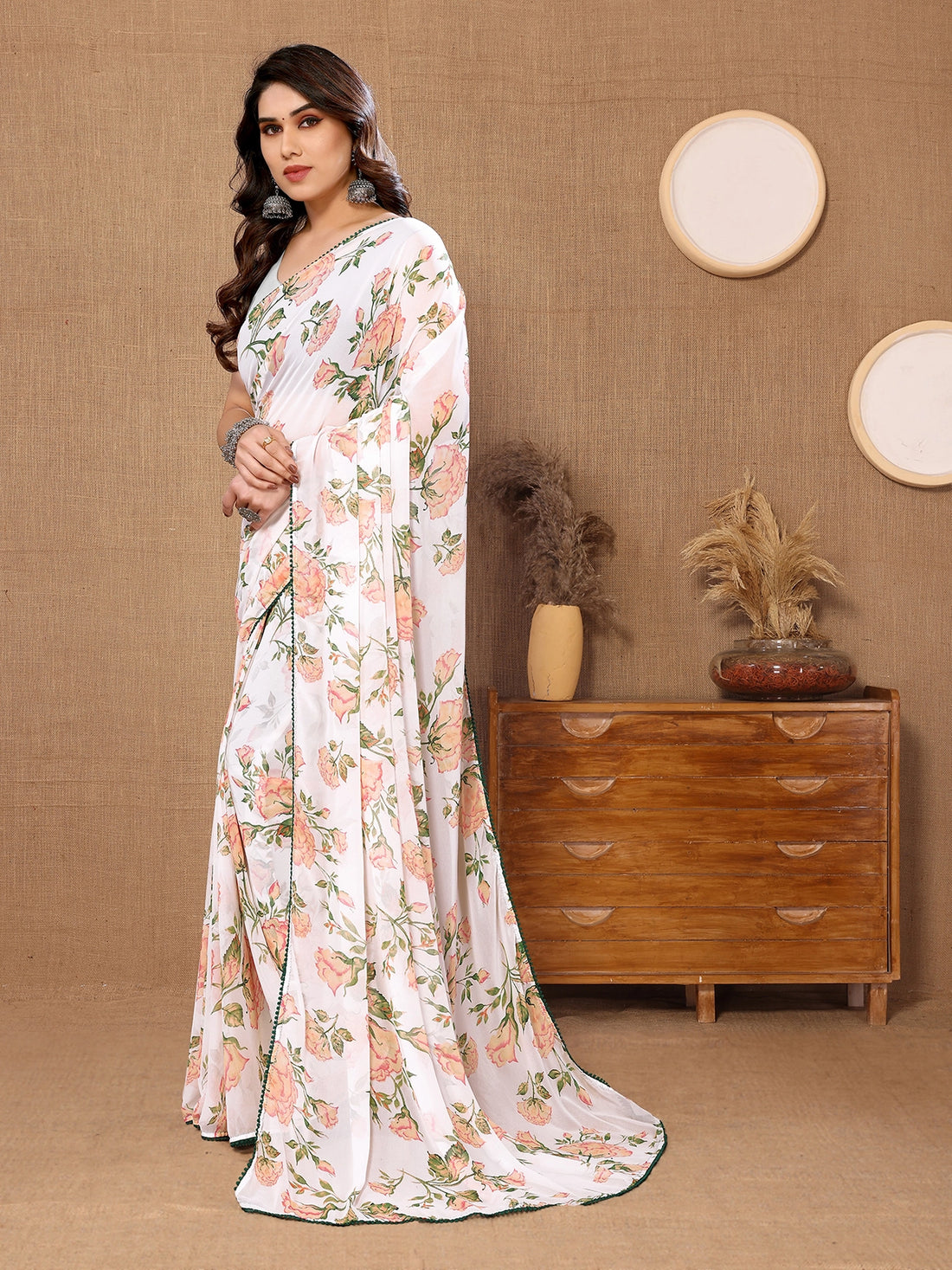 Buy Floral Printed Georgette Saree with Blouse Piece-White