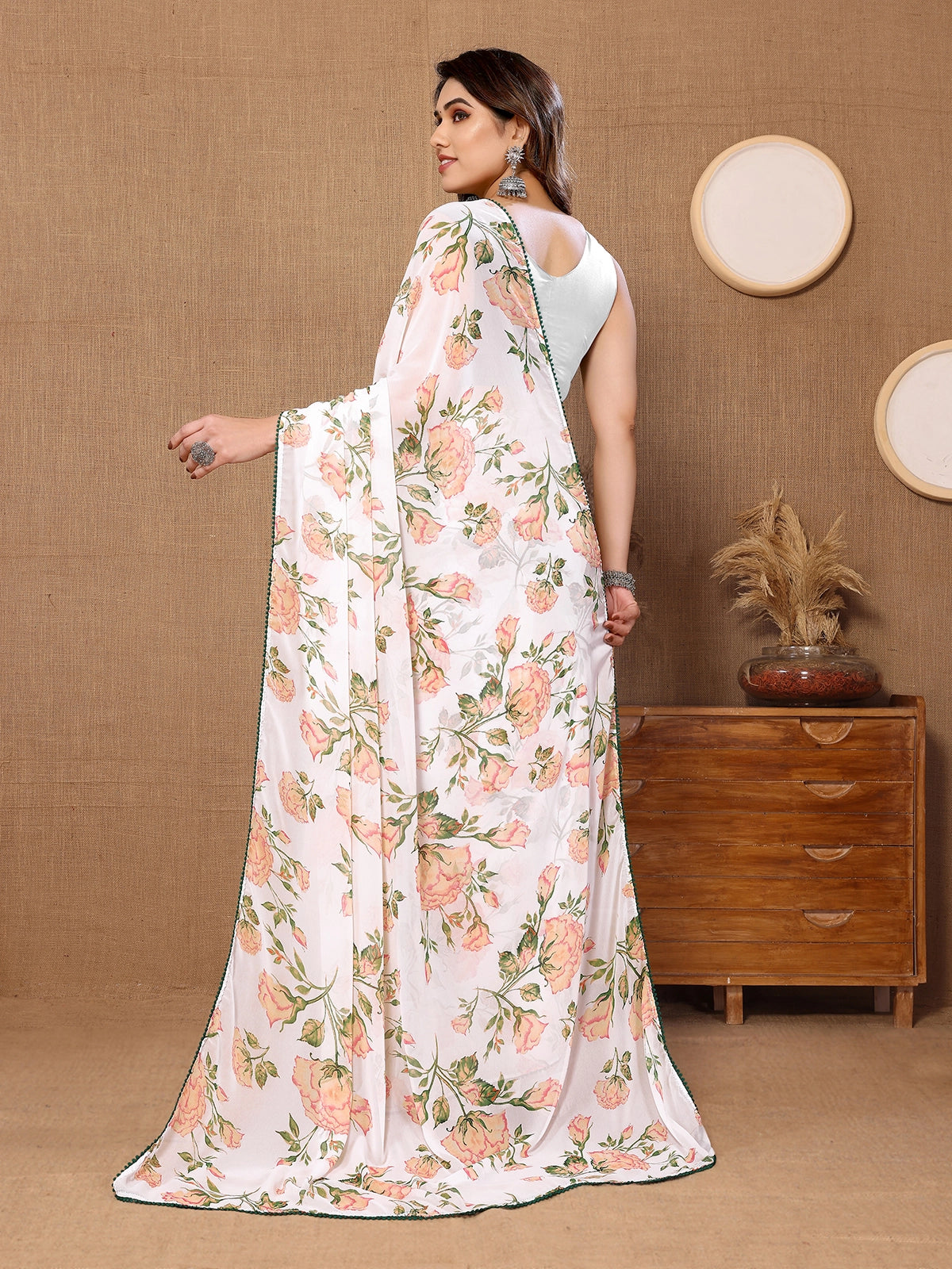 Buy Floral Printed Georgette Saree with Blouse Piece-White