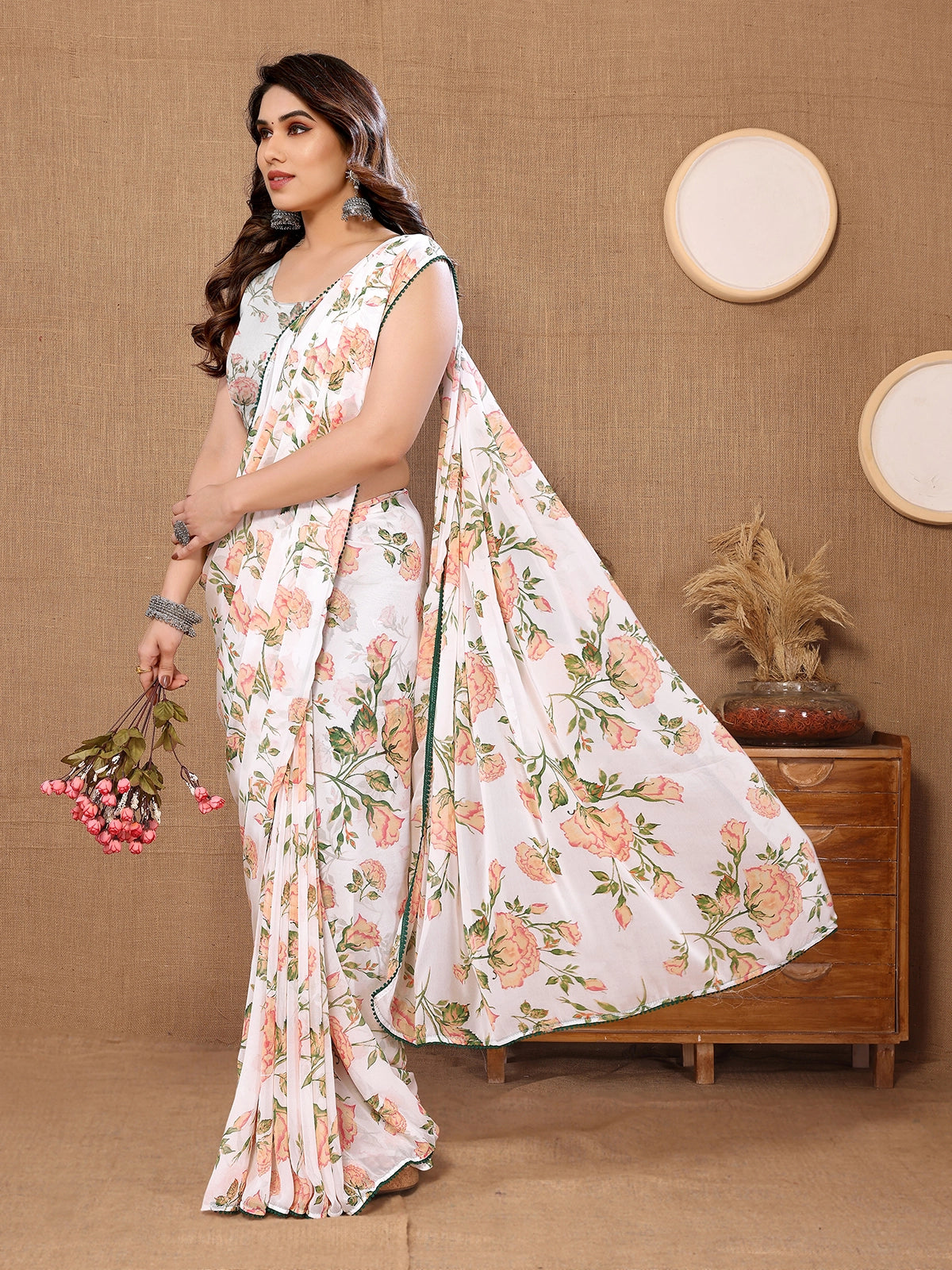 Buy Floral Printed Georgette Saree with Blouse Piece-White