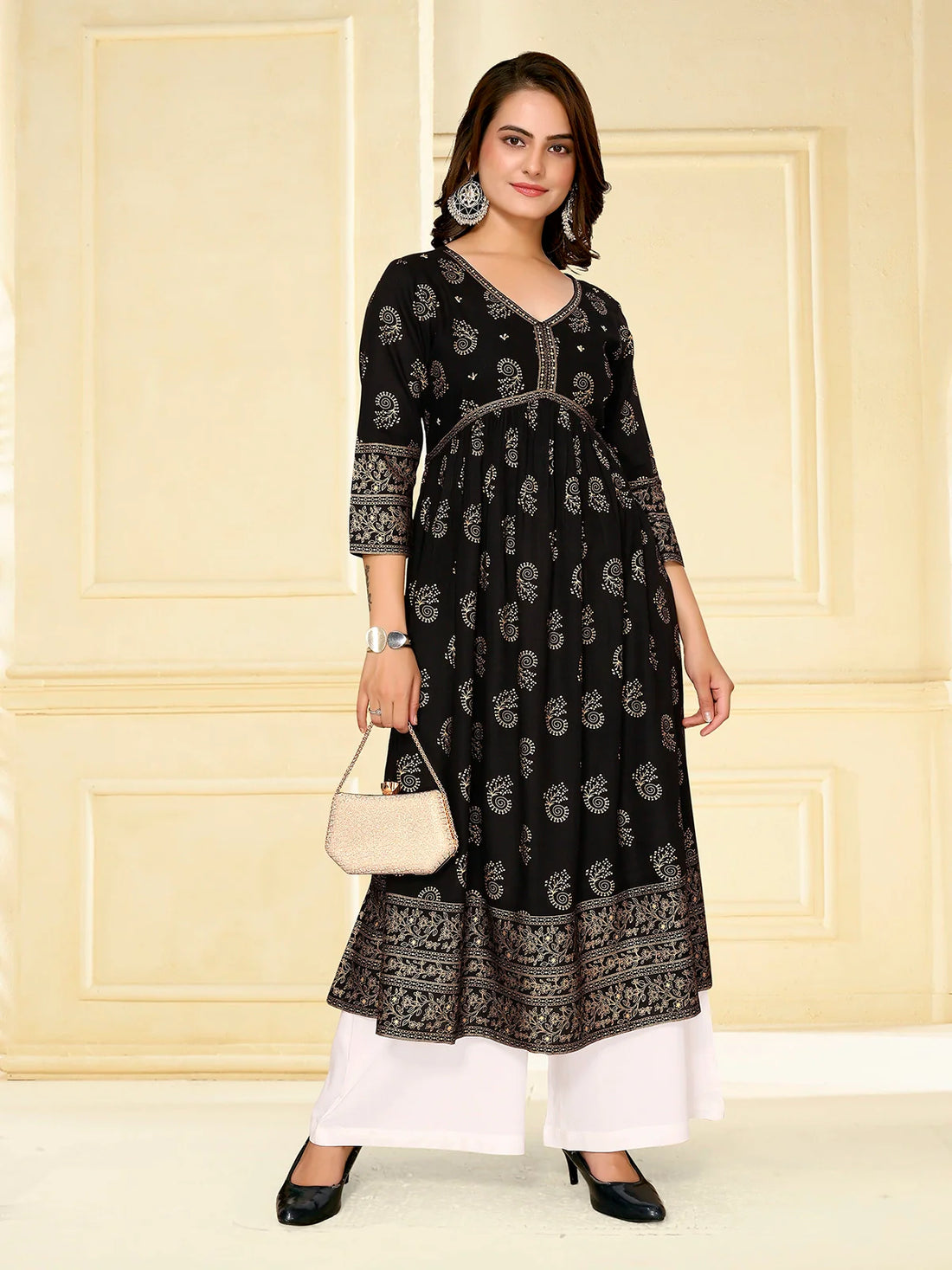 Buy Rayon Embellished Calf Length Anarkali Kurta-Black