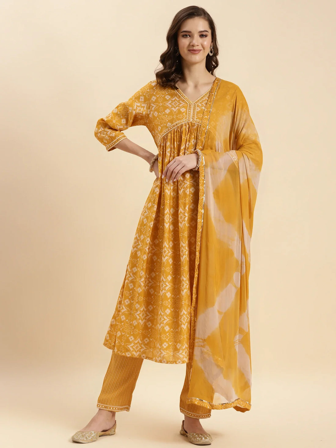 Buy Rayon Calf Length Ethnic Printed Anarkali Kurta With Pant And Dupatta-Yellow
