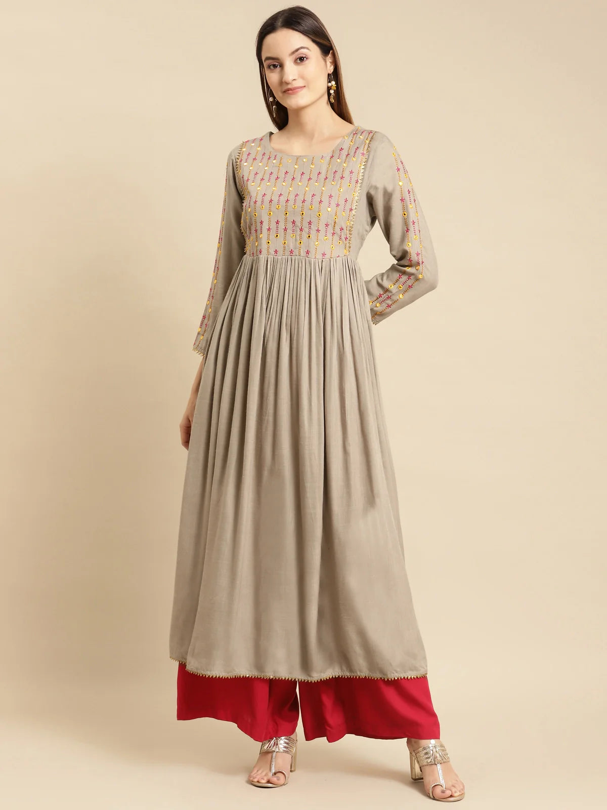 Buy Rayon Yoke Embroidered Calf Length Kurta Gathered At Waist-Olive