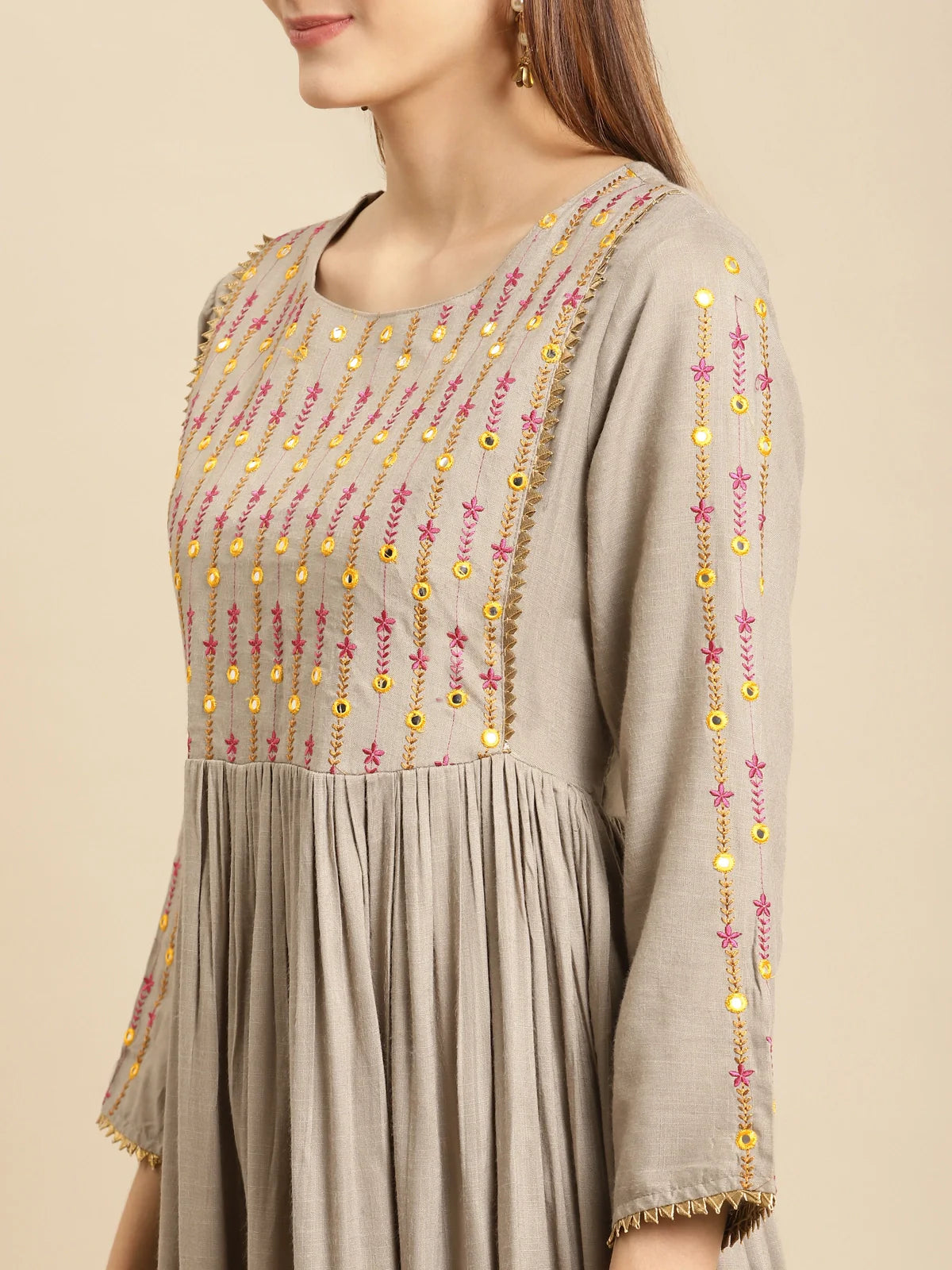 Buy Rayon Yoke Embroidered Calf Length Kurta Gathered At Waist-Olive