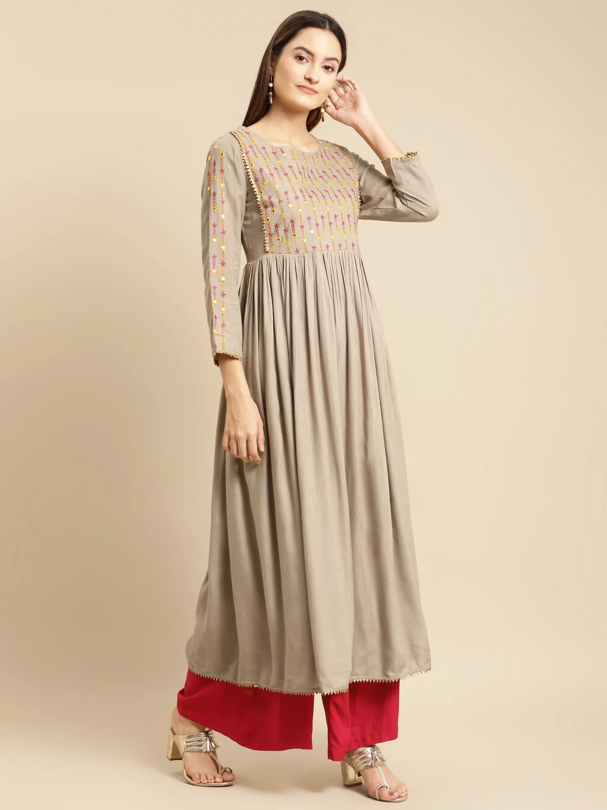 Buy Rayon Yoke Embroidered Calf Length Kurta Gathered At Waist-Olive