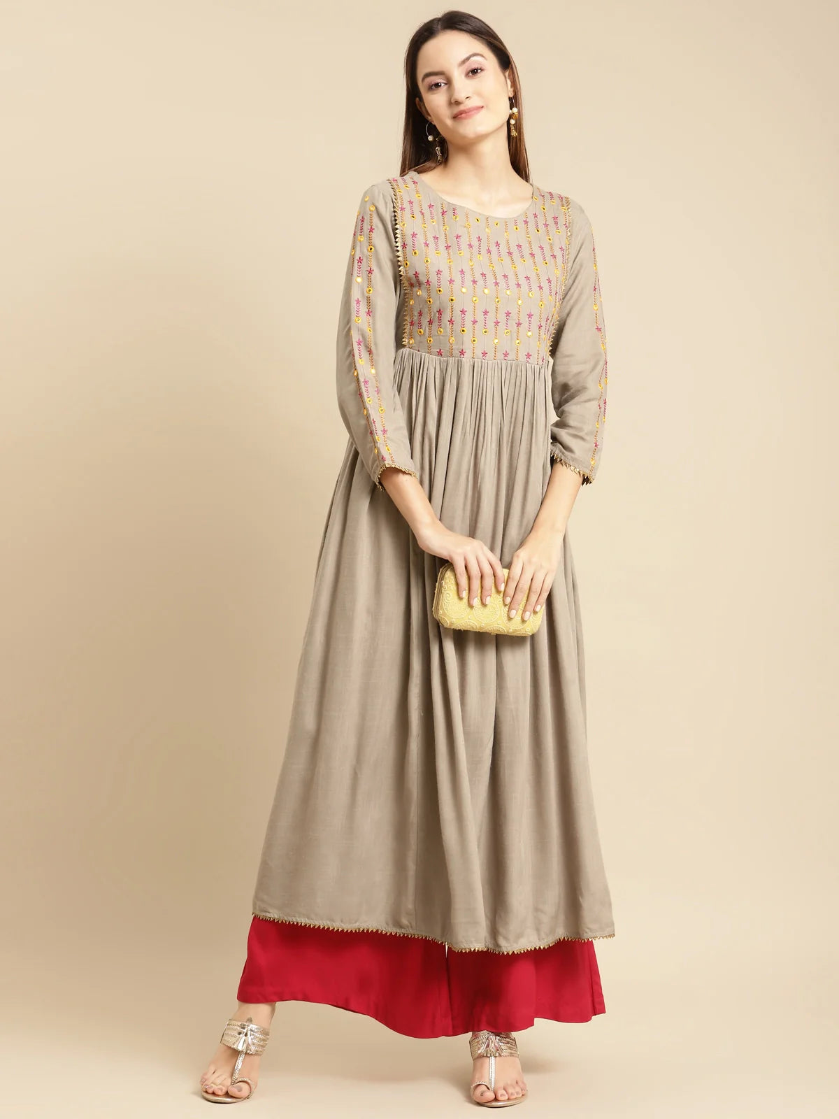 Buy Rayon Yoke Embroidered Calf Length Kurta Gathered At Waist-Olive