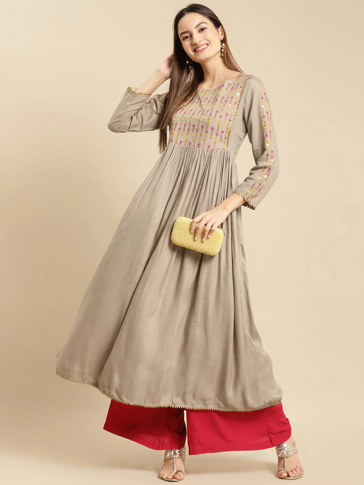 Buy Rayon Yoke Embroidered Calf Length Kurta Gathered At Waist-Olive