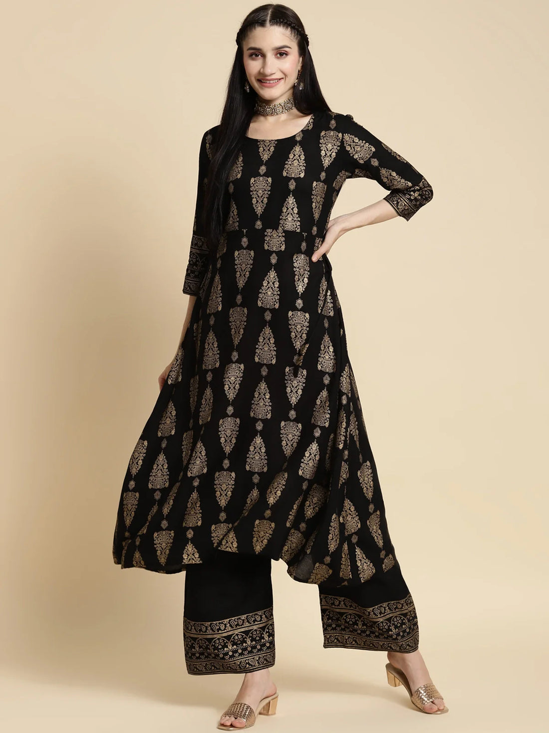 Buy Rayon Gold Printed Calf Length A-line Kurta With Palazzo-Black