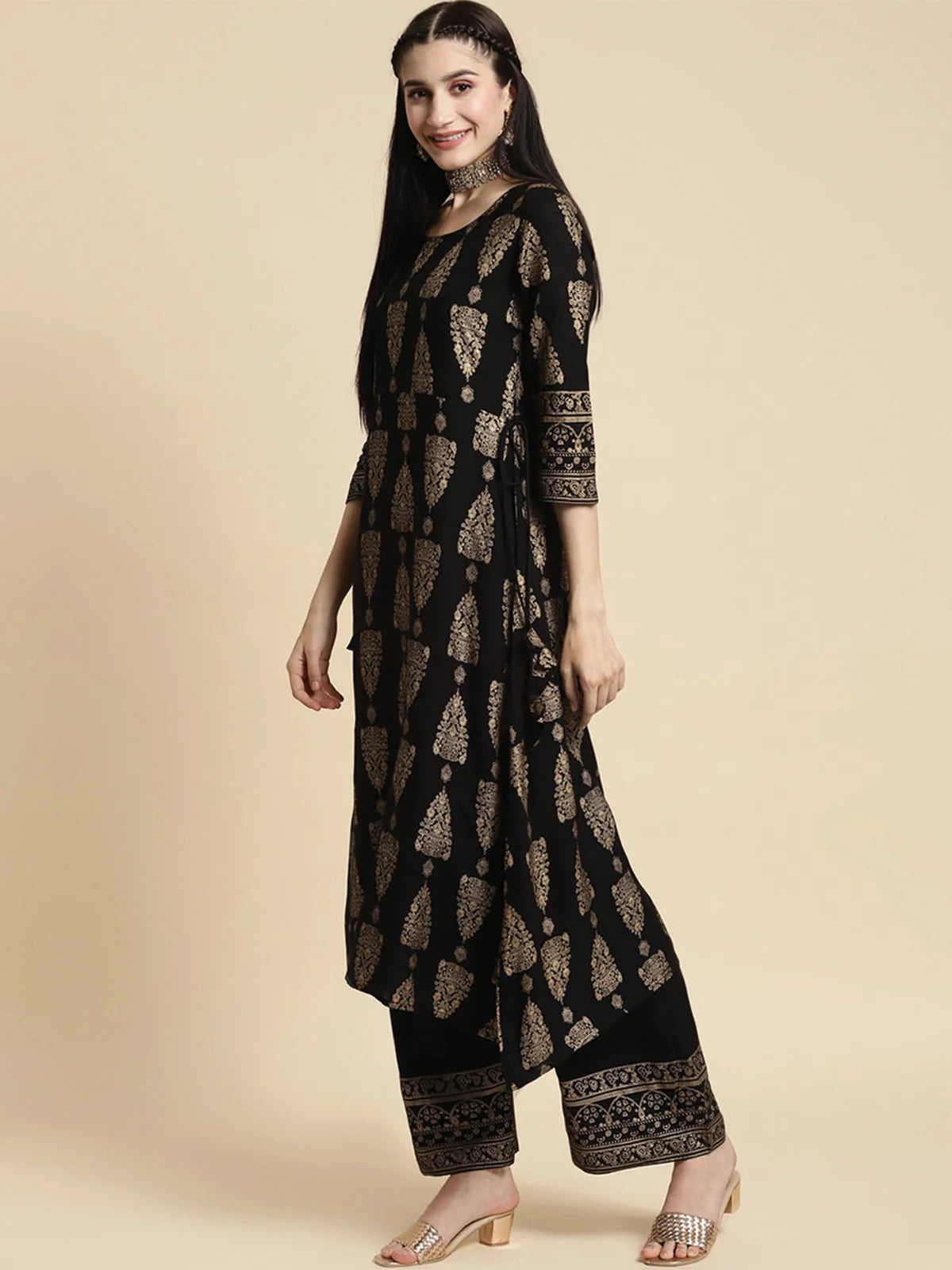 Buy Rayon Gold Printed Calf Length A-line Kurta With Palazzo-Black