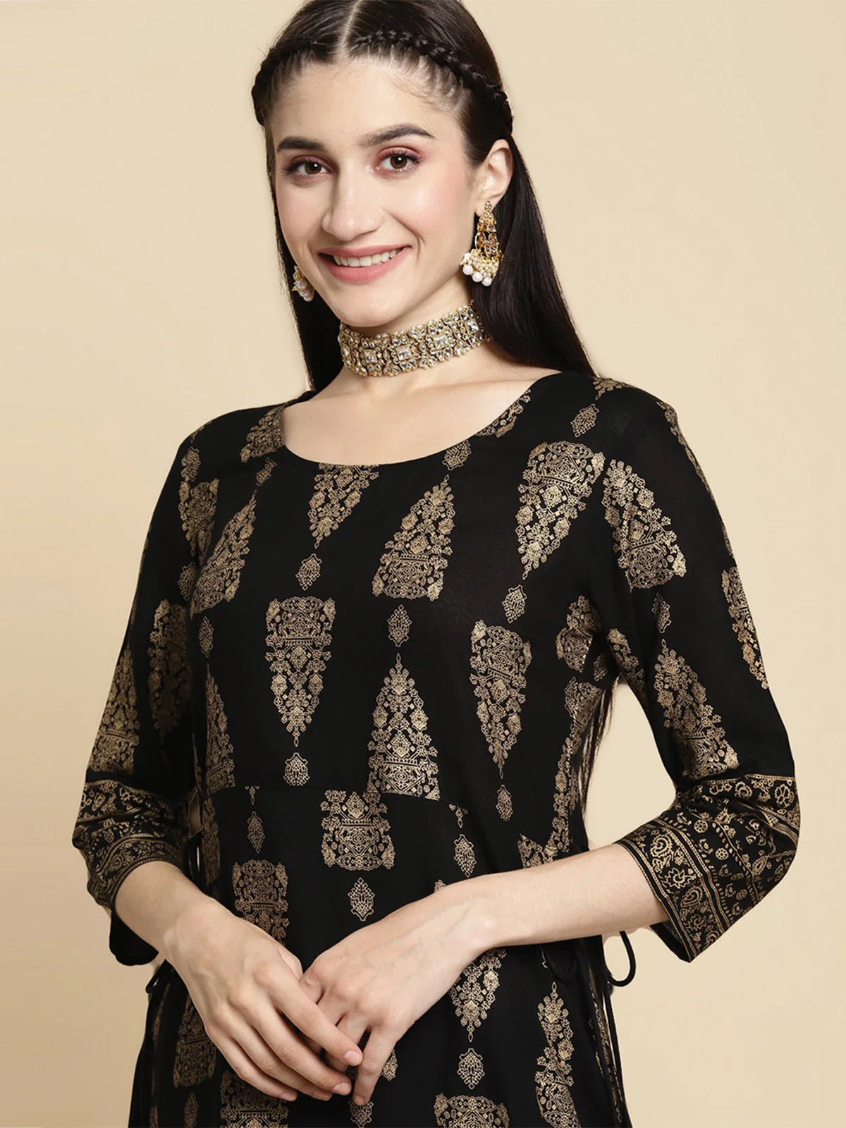 Buy Rayon Gold Printed Calf Length A-line Kurta With Palazzo-Black