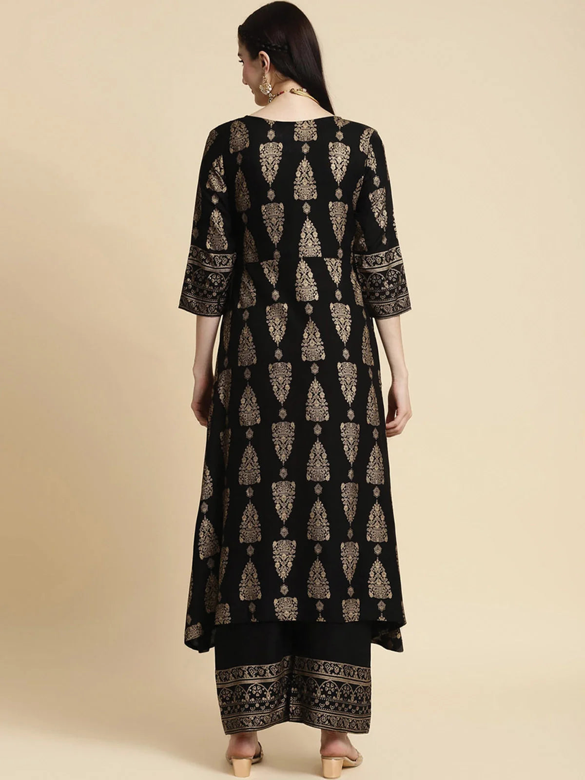 Buy Rayon Gold Printed Calf Length A-line Kurta With Palazzo-Black