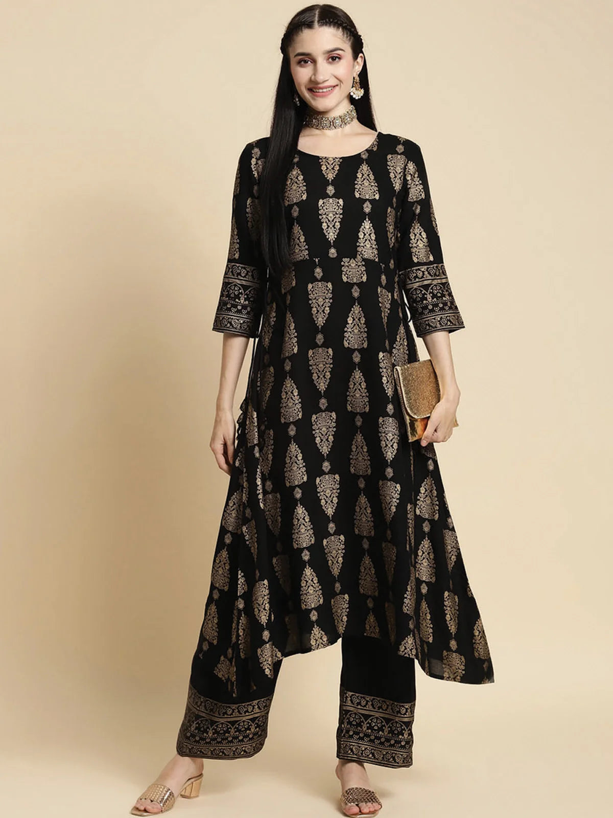 Buy Rayon Gold Printed Calf Length A-line Kurta With Palazzo-Black