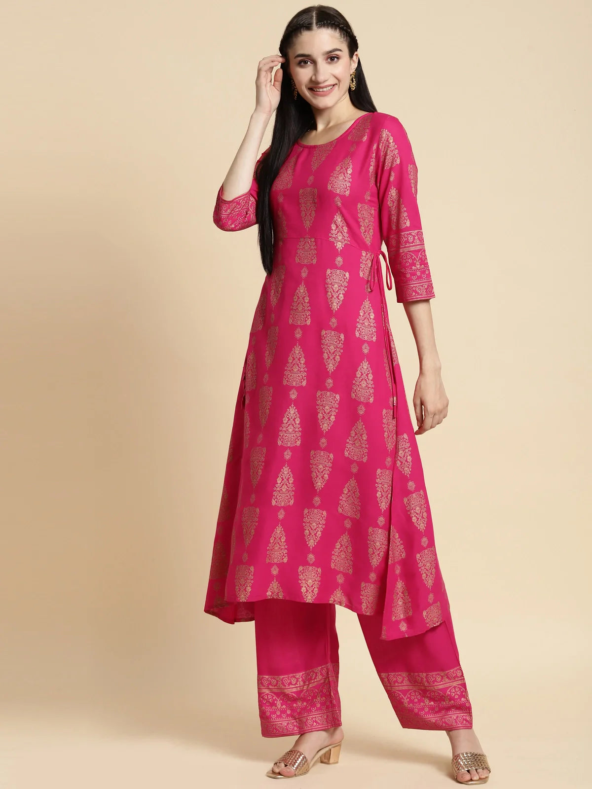 Buy Rayon Gold Printed Calf Length A-line Kurta With Palazzo-Black