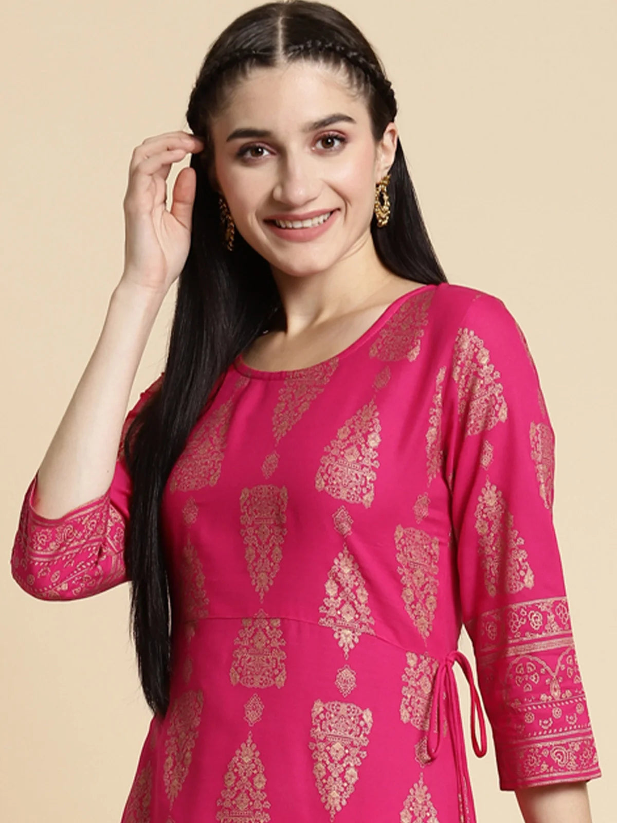 Buy Rayon Gold Printed Calf Length A-line Kurta With Palazzo-Pink