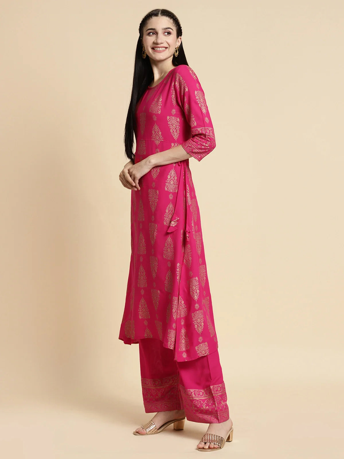 Buy Rayon Gold Printed Calf Length A-line Kurta With Palazzo-Pink