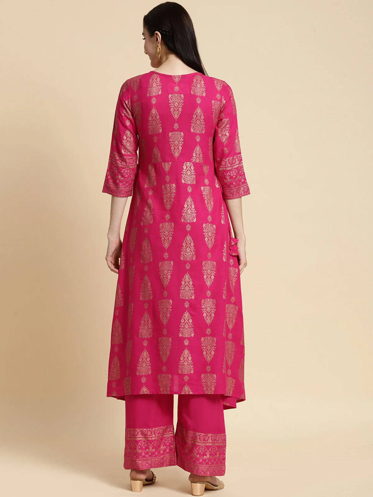 Buy Rayon Gold Printed Calf Length A-line Kurta With Palazzo-Pink