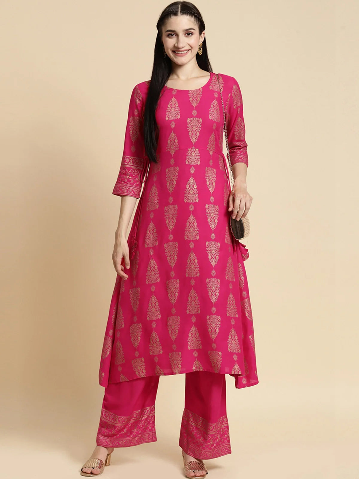 Buy Rayon Gold Printed Calf Length A-line Kurta With Palazzo-Pink