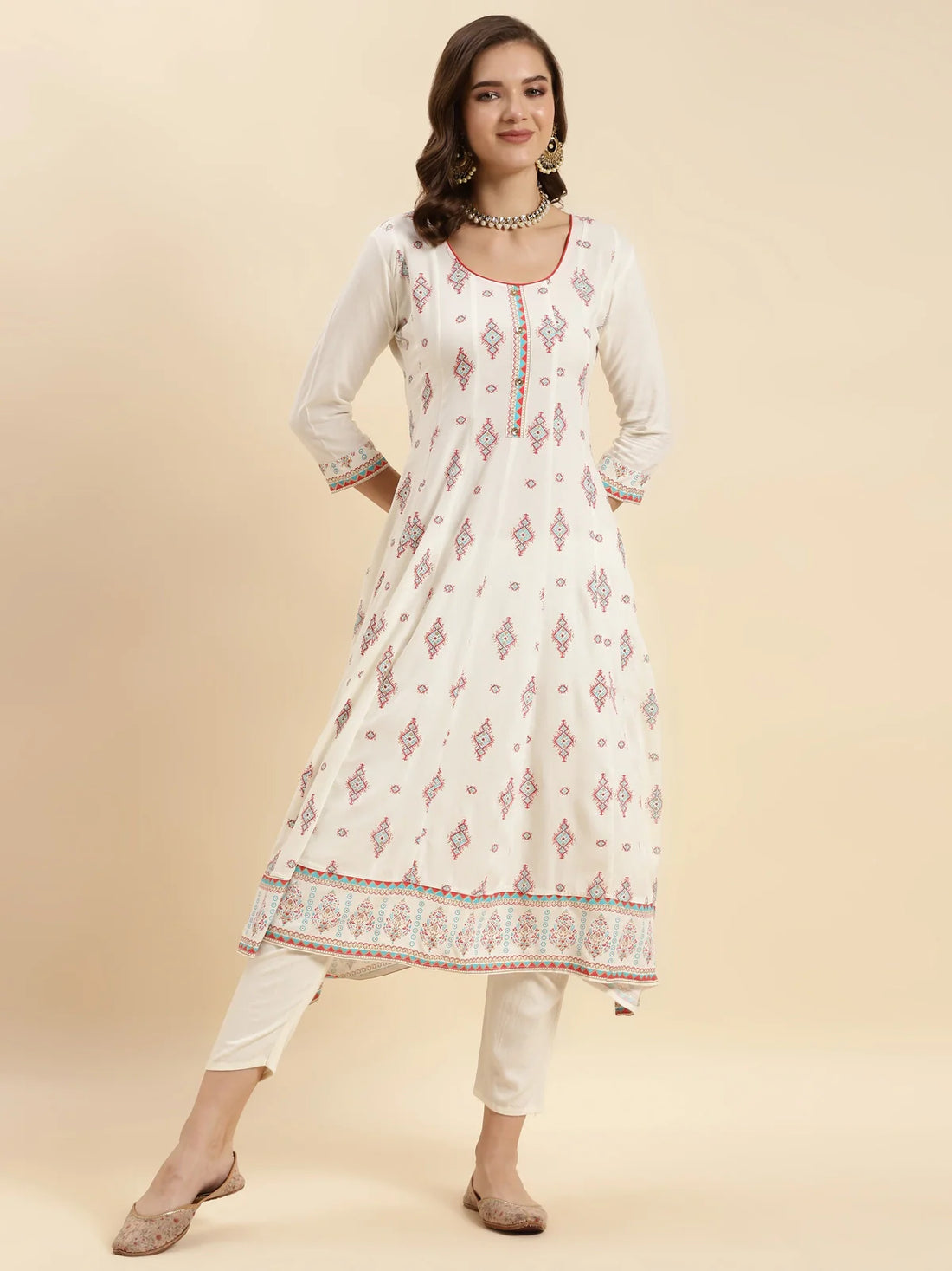 Buy Rayon Printed Calf Length Flared Kurta-Off White