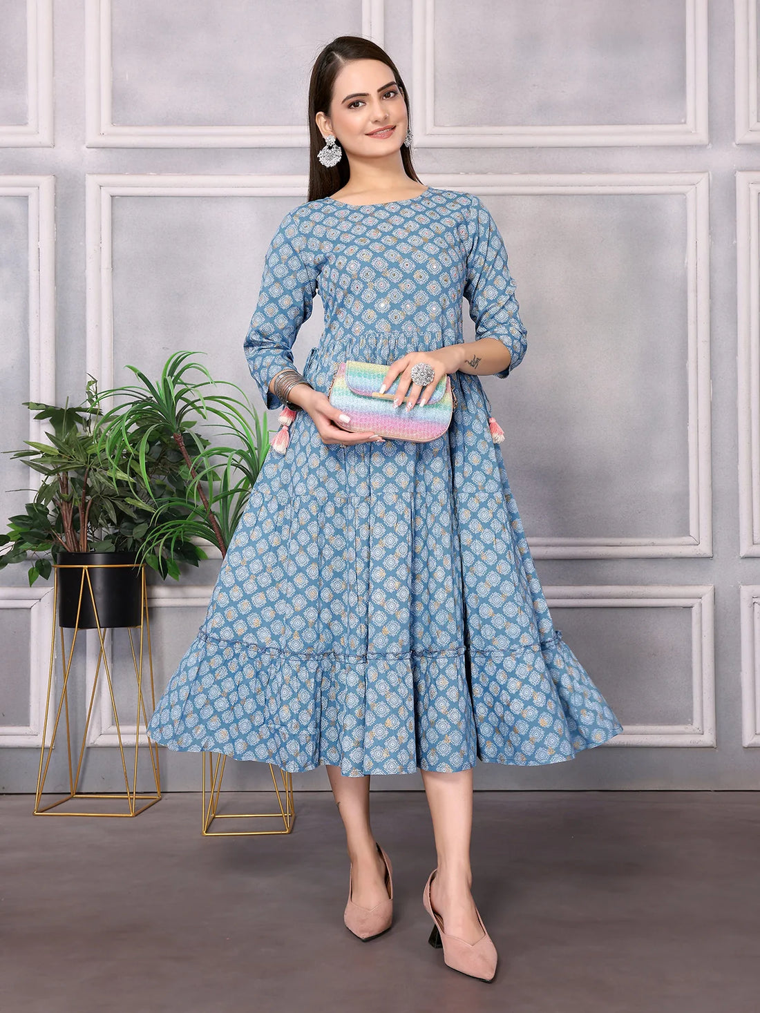 Buy Rayon Embellished Calf Length Anarkali Kurta-Light Blue