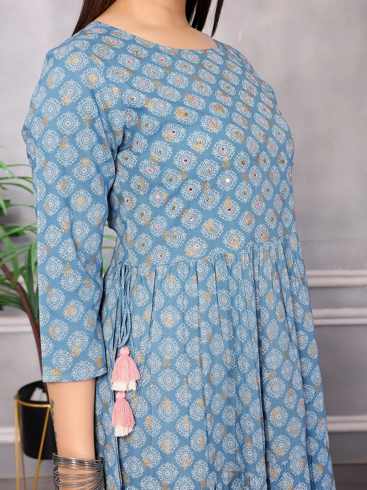 Buy Rayon Embellished Calf Length Anarkali Kurta-Light Blue