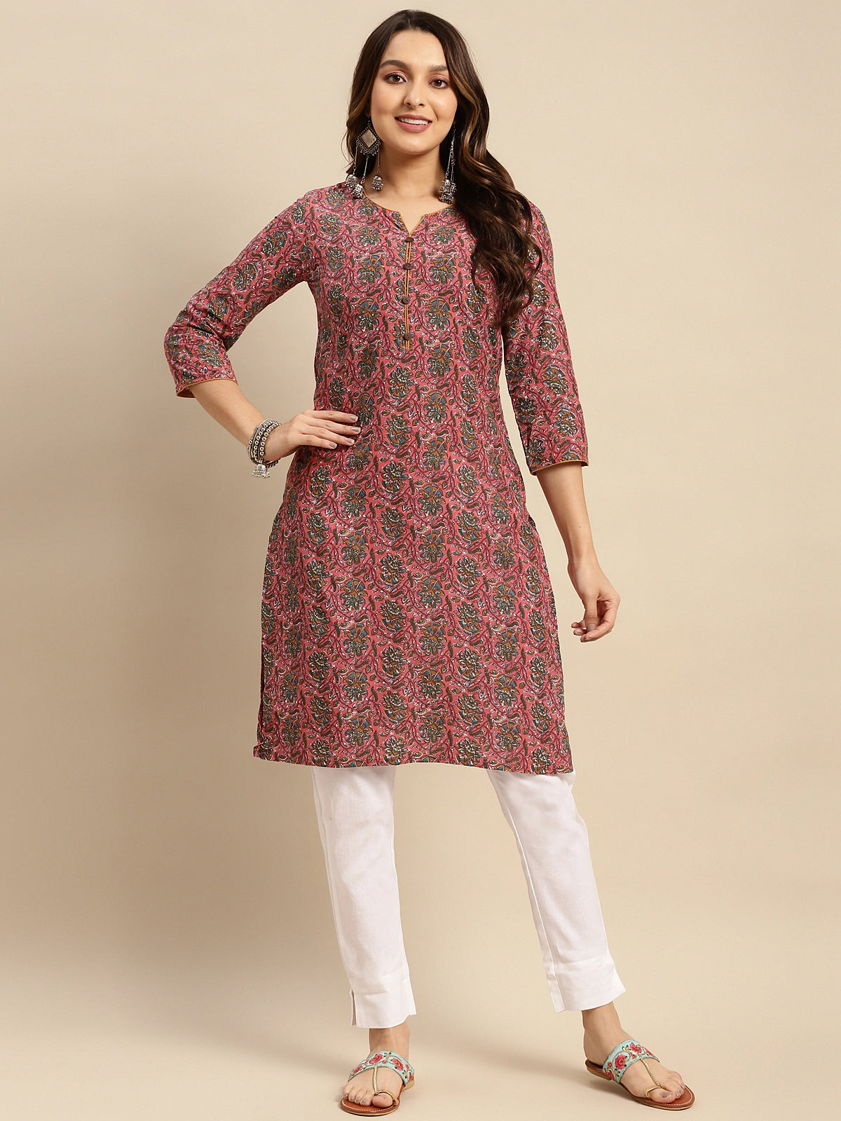 Buy 100% Cotton Floral Printed Knee Length Straight Kurta-Coral