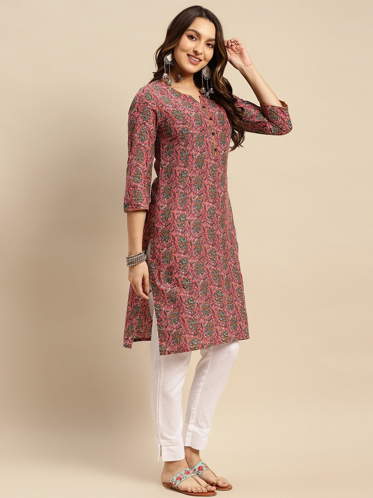 Buy 100% Cotton Floral Printed Knee Length Straight Kurta-Coral