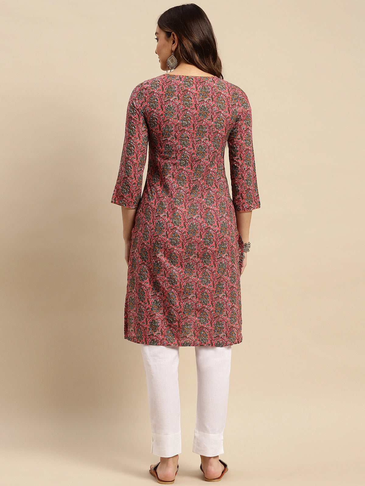 Buy 100% Cotton Floral Printed Knee Length Straight Kurta-Coral