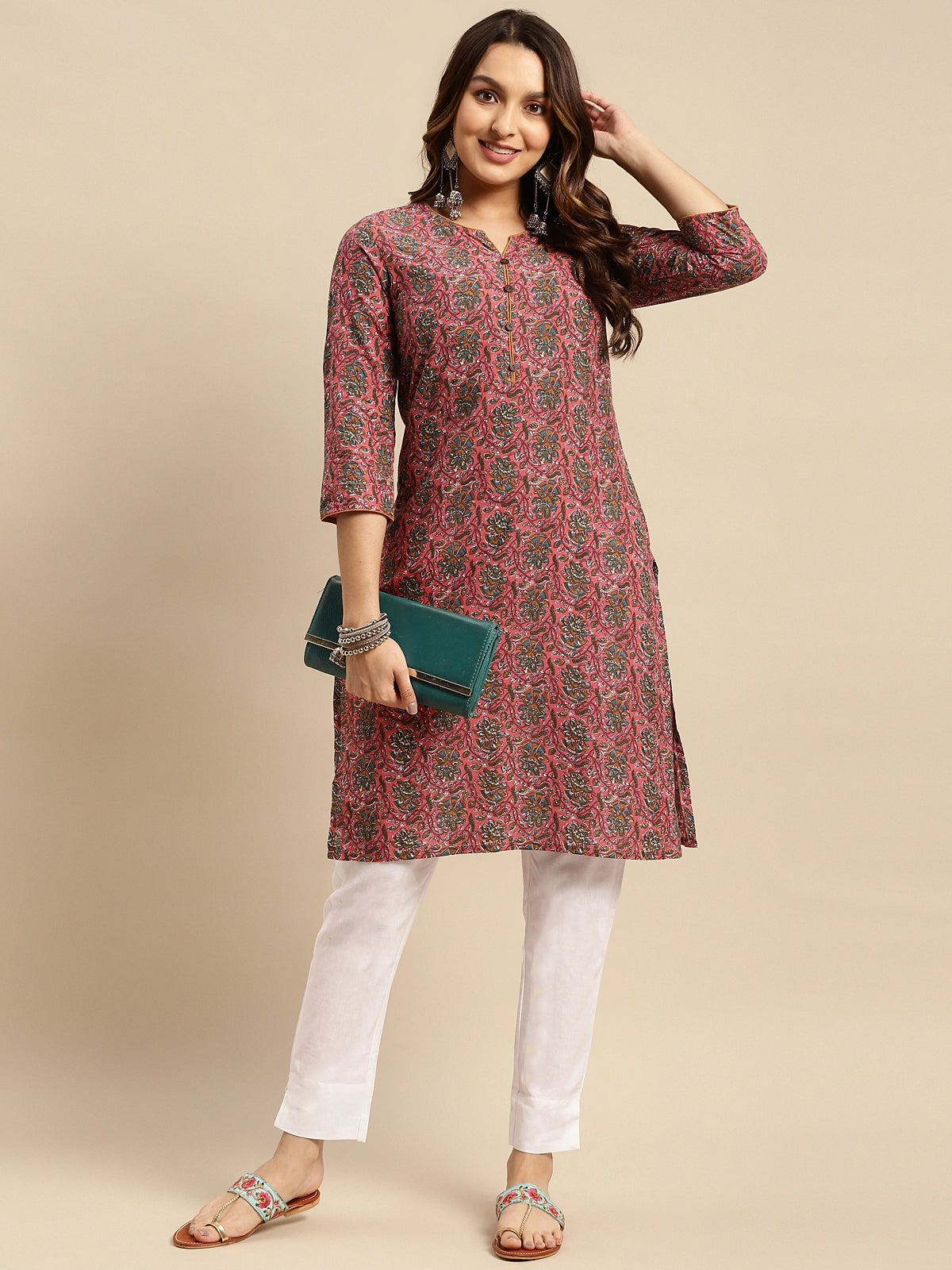 Buy 100% Cotton Floral Printed Knee Length Straight Kurta-Coral