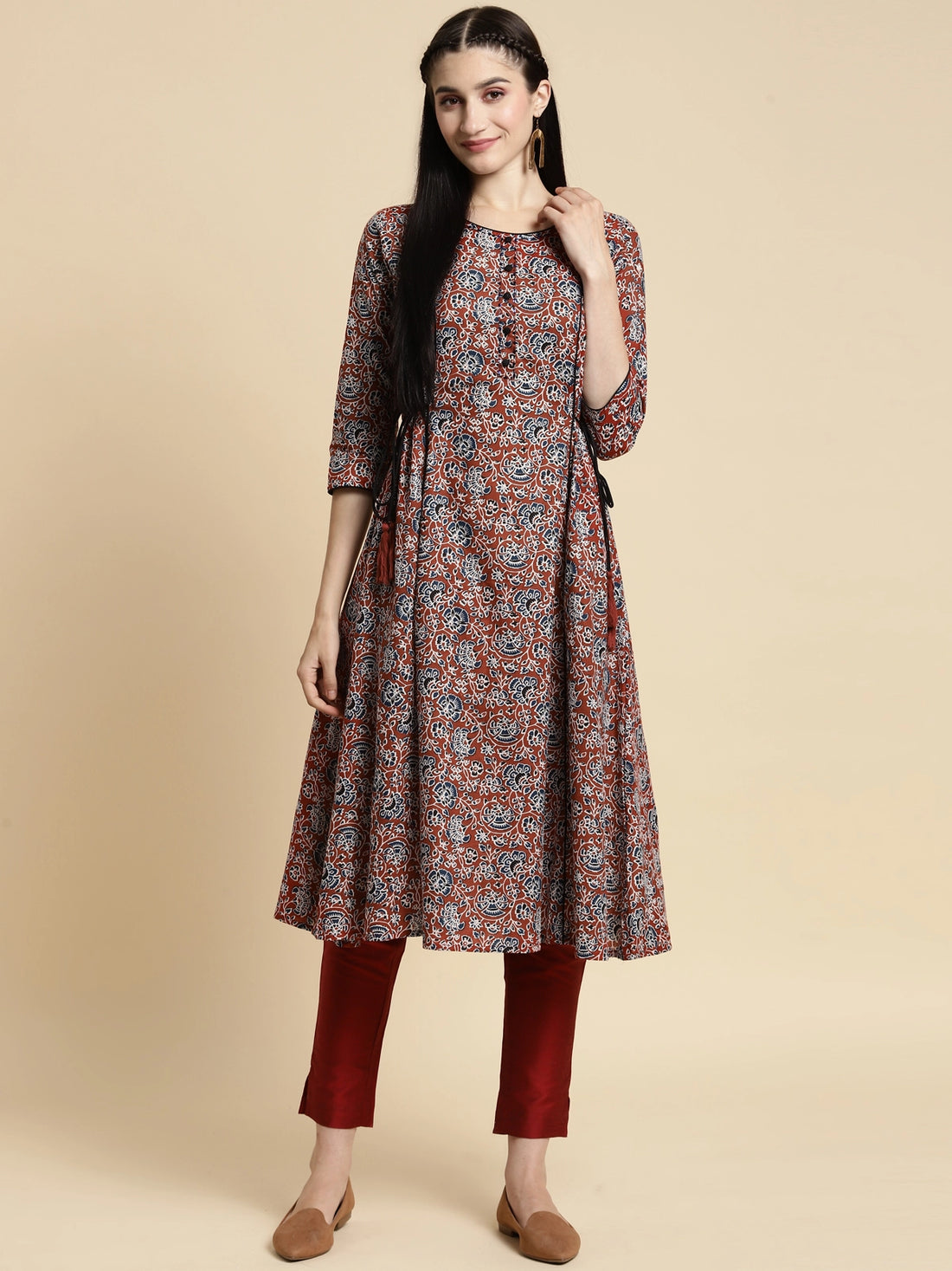 Buy 100% Cotton Floral Printed Calf Length Kalidar Kurta With Side Tie Ups-Rust