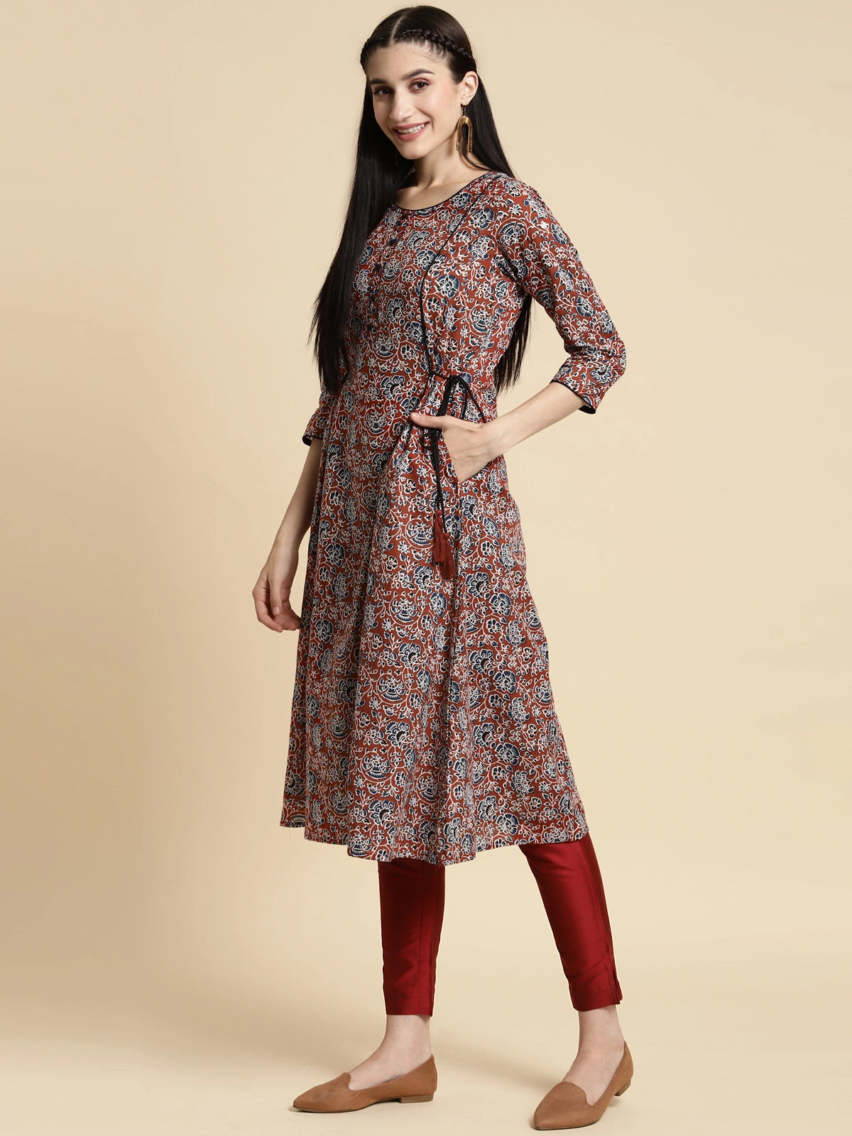 Buy 100% Cotton Floral Printed Calf Length Kalidar Kurta With Side Tie Ups-Rust